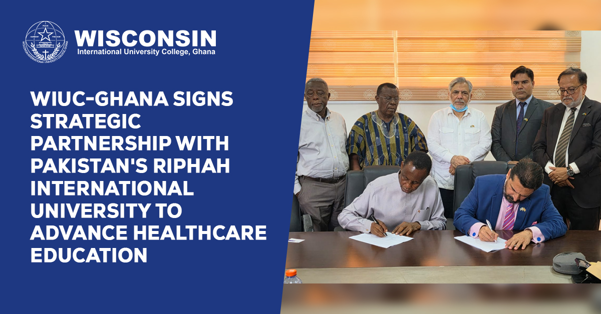 WIUC-Ghana and Riphah International University officials signing a strategic partnership agreement to advance healthcare education.