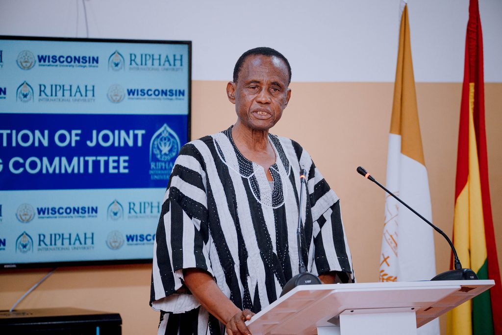 Dr Lawrence Kannae, President of WIUC Ghana, delivering his address during the inauguration of the Joint Steering Committee with Riphah International University.